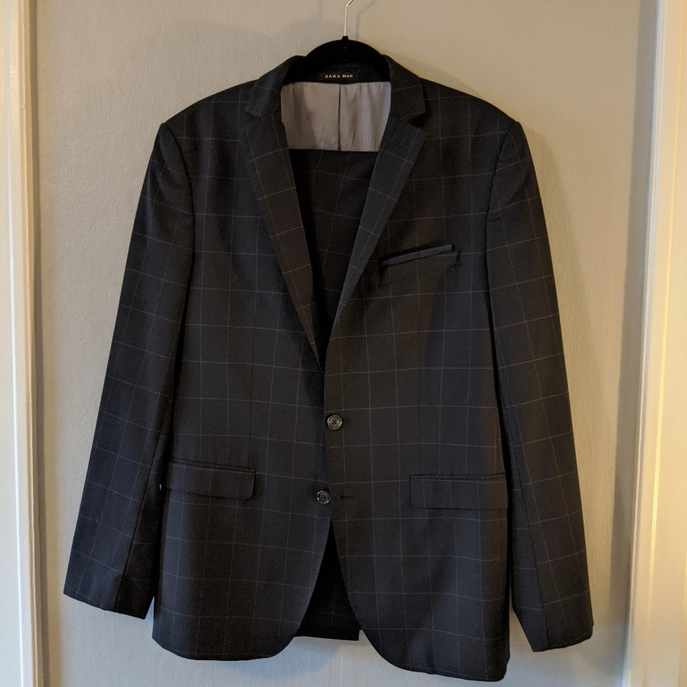 Zara Man Navy Box Plaid Suit